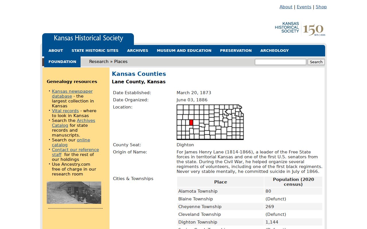 Kansas Historical Society Lane County history profile