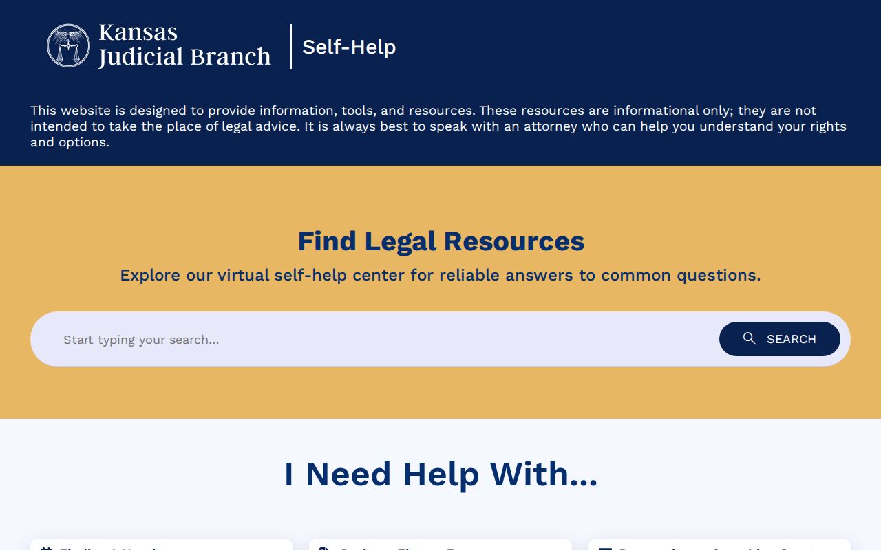 Kansas Judicial Branch self-help center landing page used for Lane County civil court support
