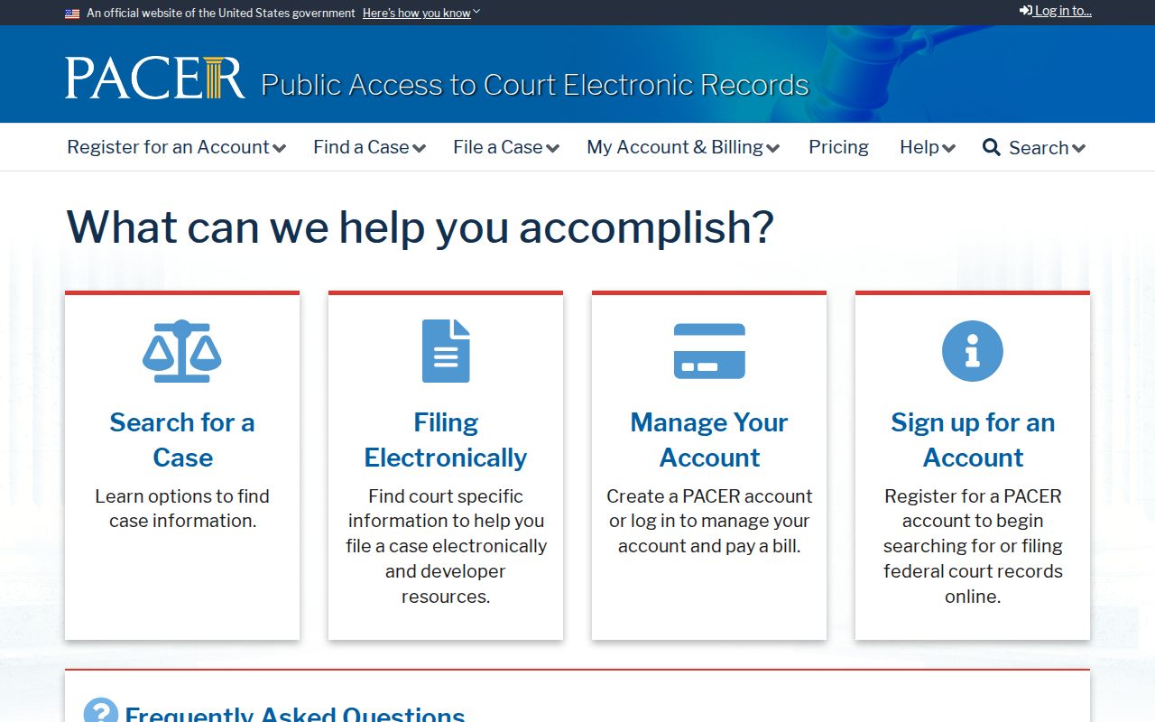 PACER search and pricing page for Lane County federal court records