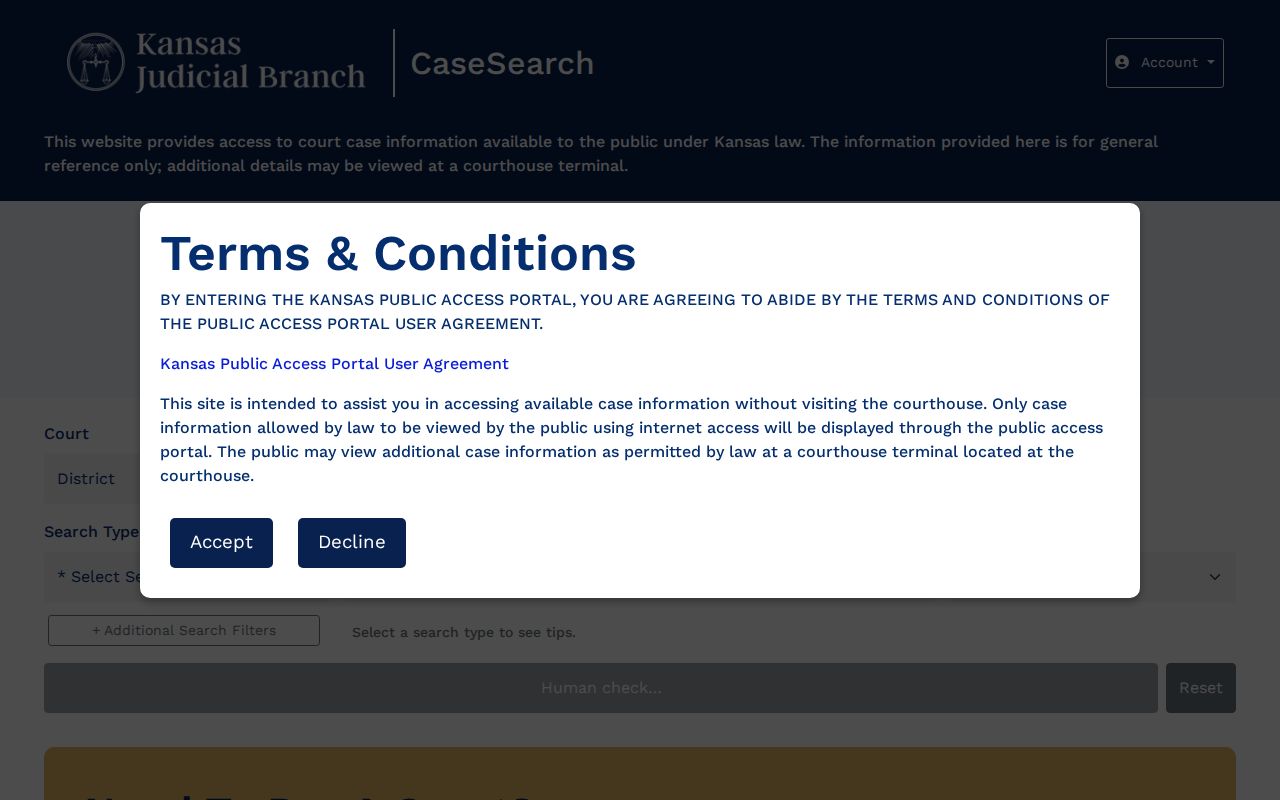 Kansas CaseSearch landing screen for Lane County case lookup